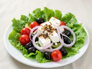 Lechuga, Tomate cherry, Queso feta, Cebolla, Pimiento , Aceitunas, Alcaparras.