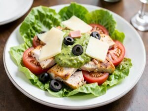 Lechuga romana, Pollo, Tomate, Aceitunas, Queso parmesano, Salsa César.